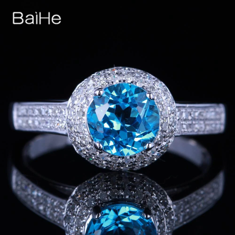 

BAIHE Solid 14K White Gold Blue Topaz Diamond rings for women men Engagement Trendy Party Fine Jewelry anillos mujer bague