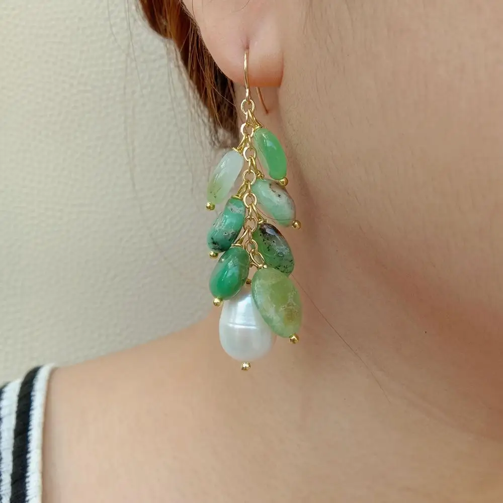 Y·YING  Natural Green Chrysoprase Cultured White Rice Pearl Hook Dangle Earrings