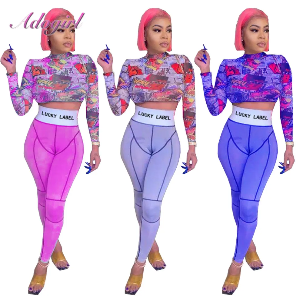 Women Streetwear Matching Set Casual Cartoon Print Long Sleeve Crop Tops T-Shirt Sweatpants Suit Joggers Two Piece Set Tracksuit