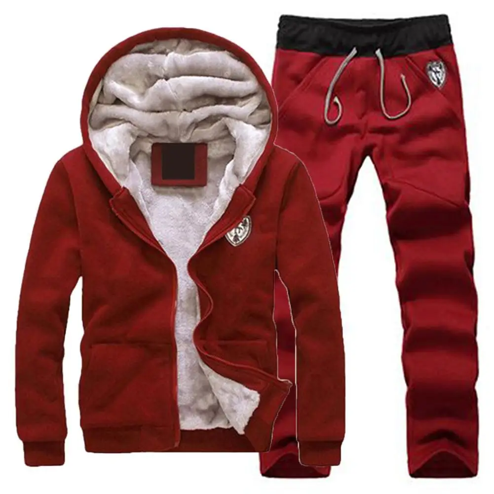 Winter Fleece Men Set Tracksuit Lined Thick Sweatshirt + Pants Sportswear Suit Male Winter Warm Hooded Outerwear Suit