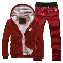 Winter Fleece Men Set Tracksuit Lined Thick Sweatshirt + Pants Sportswear Suit Male Winter Warm Hooded Outerwear Suit