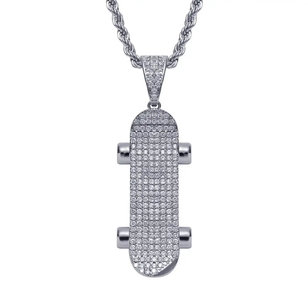 Hip Hop Rock Micro Pave AAA CZ Stone Bling Iced Out Skateboard Pendants Necklace for Men Rapper Jewelry Drop Shipping