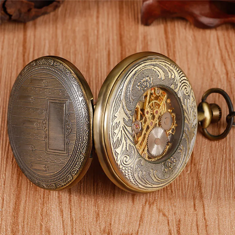 Antique Vintage Style Men Women Handwinding Mechanical Skeleton Pocket Watch Full Hunter Case Pendant FOB Chain Clock Gift relo