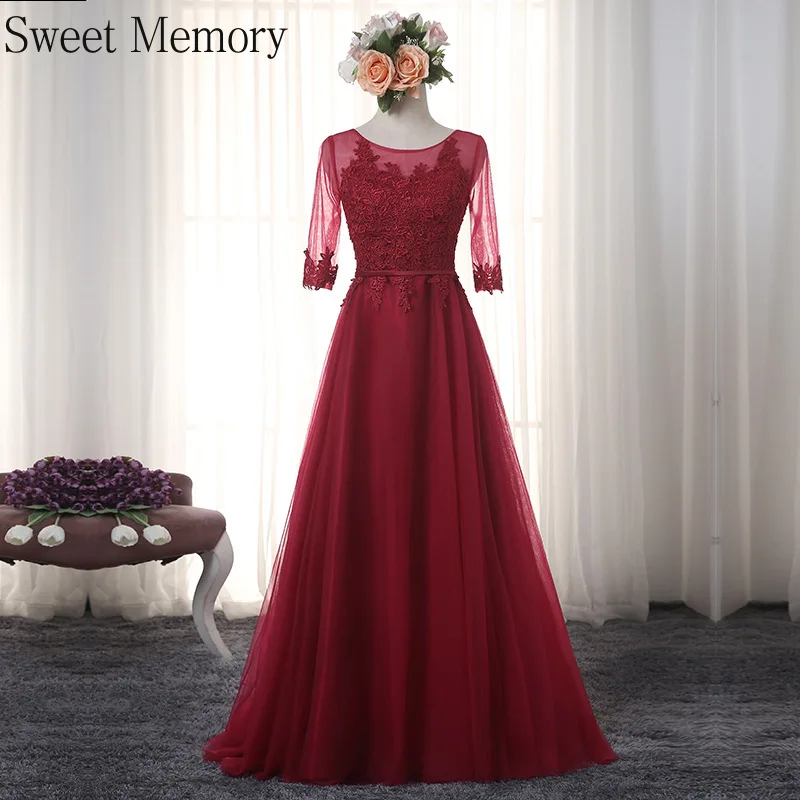 M0128 Illusion Lace Half Sleeve Wine Red Gray Pink Evening Dresses Floor Length Graduation Tulle Dress For Bridesmaids Vestidos