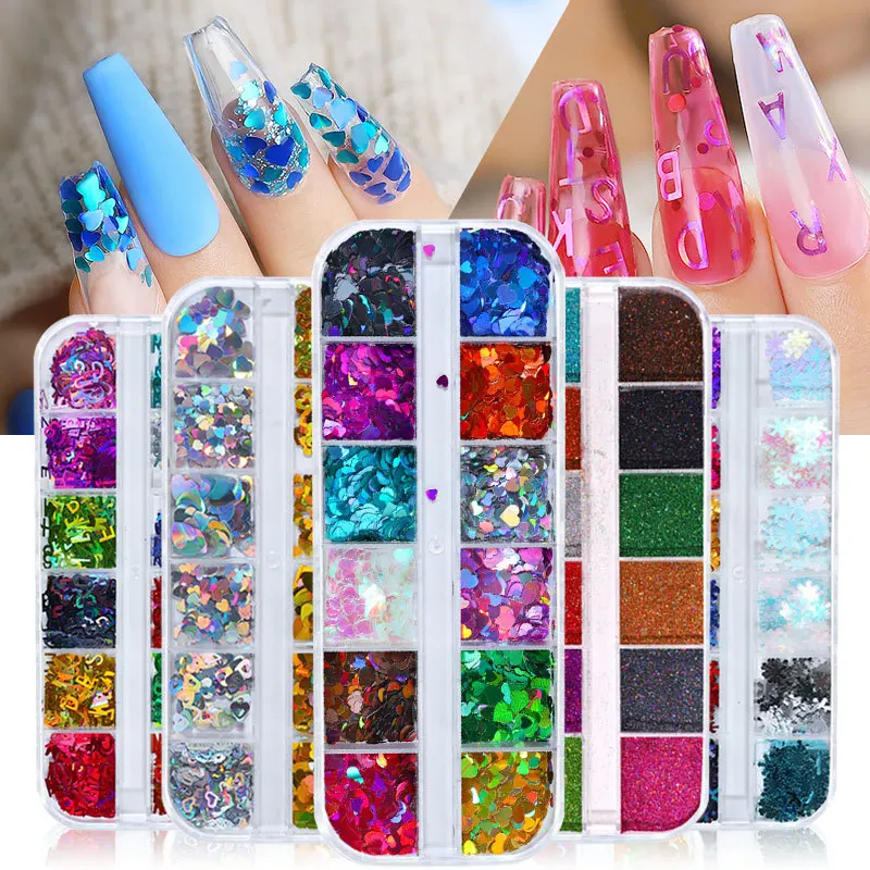 DIY Holographic Nail Glitter Flakes Laser Powder Snowflake Alphabet Decals for Acrylic Nails Beauty Tools Kit