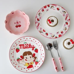 Strawberry Milk Sister 8-inch Ceramic Plate/Pink Petal Small Bowl/Fork Spoon