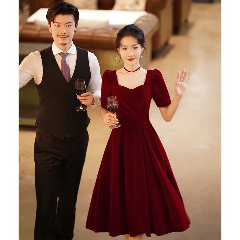 

Elegant Square Collar Puff Sleeve Velour Evening Dress Back Zipper Prom Bow Gowns Cheongsam Robe De Soiree Vestidos