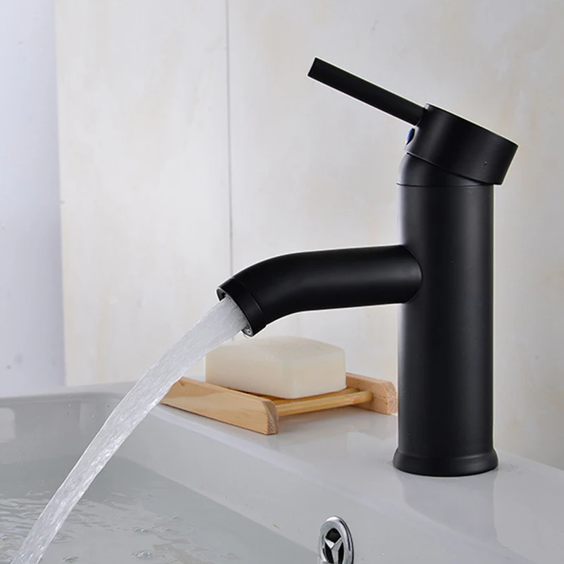 Matte Black Faucet 304 Stainless Steel Paint Faucet Bathroom Basin Faucet Deck Mounted Blacked Hot Cold Mixer Tap Single Hole