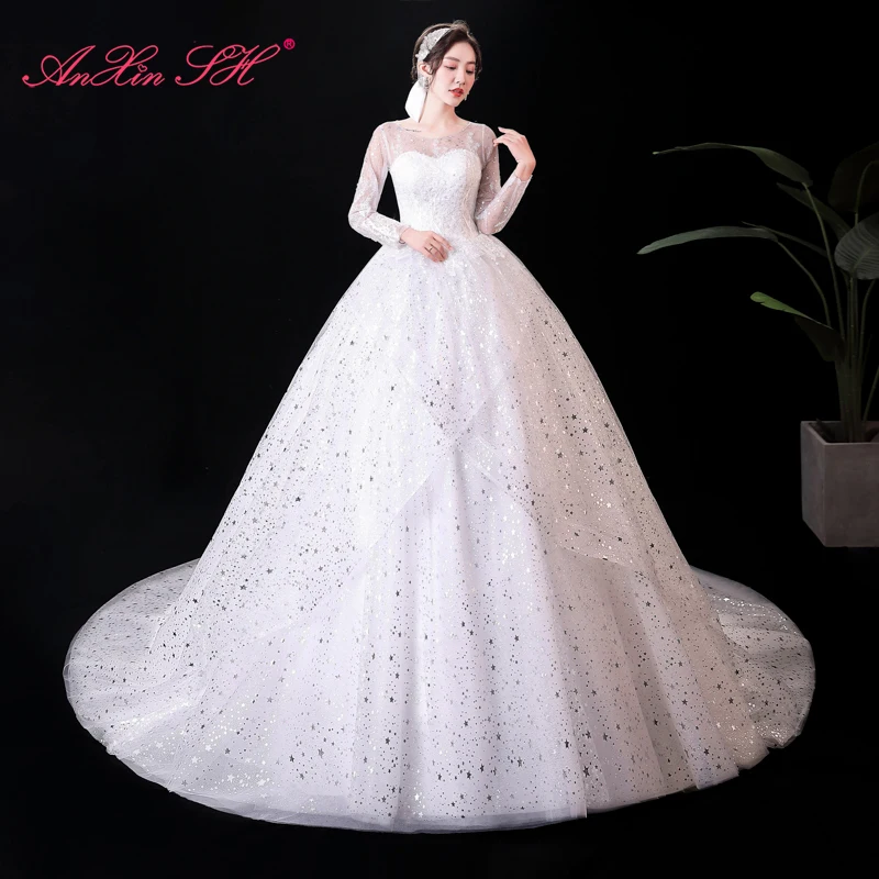 AnXin SH princess sparkly white lace vintage silvery star sequins o neck long sleeve illusion bride customized wedding dress