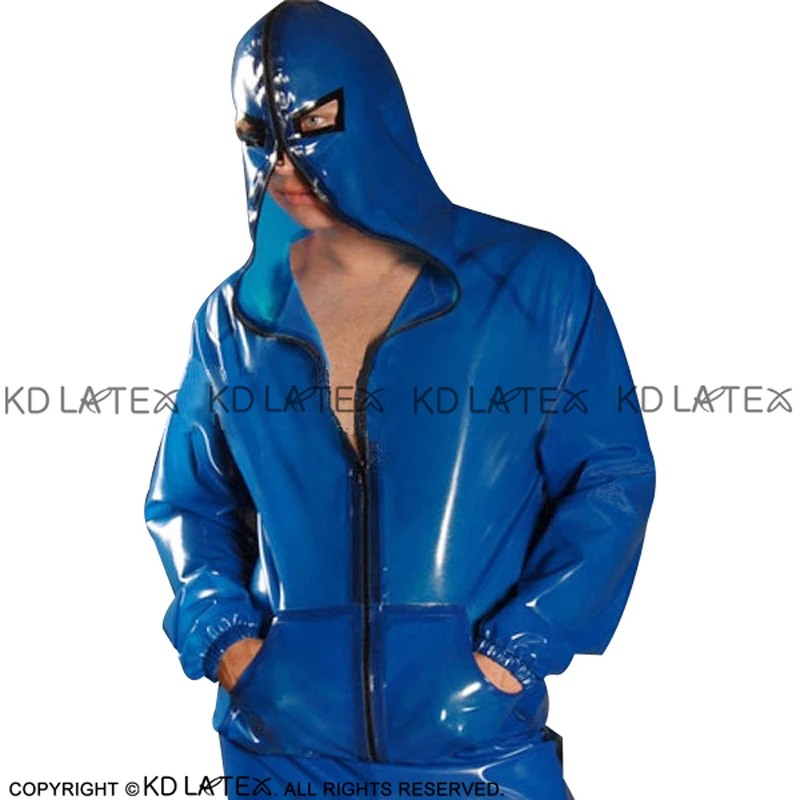 Transparent Blue And Black Sexy Latex Jacket Zipper At Front With Hoodie Pockets Rubber Coat Top YF-0158