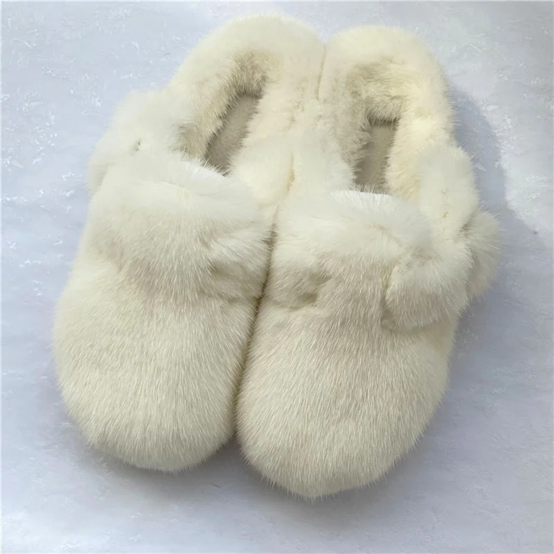 Women\'s Fur Slippers 100% Mink Fur Slippers Winter Fashion Warm Plush Flat Shoes 2023 New Indoor Slippers