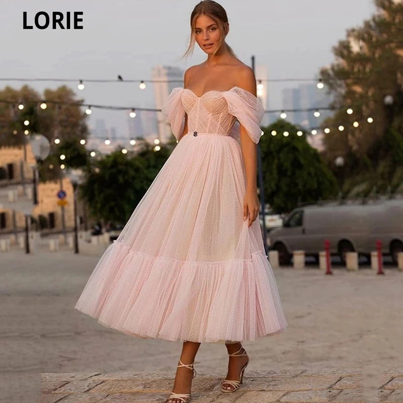 LORIR New Pink Sweetheart Off The Shoulder Dot Net Prom Dress 2021 Fashion A-Line Tea Length Evening Dress Customized Dress