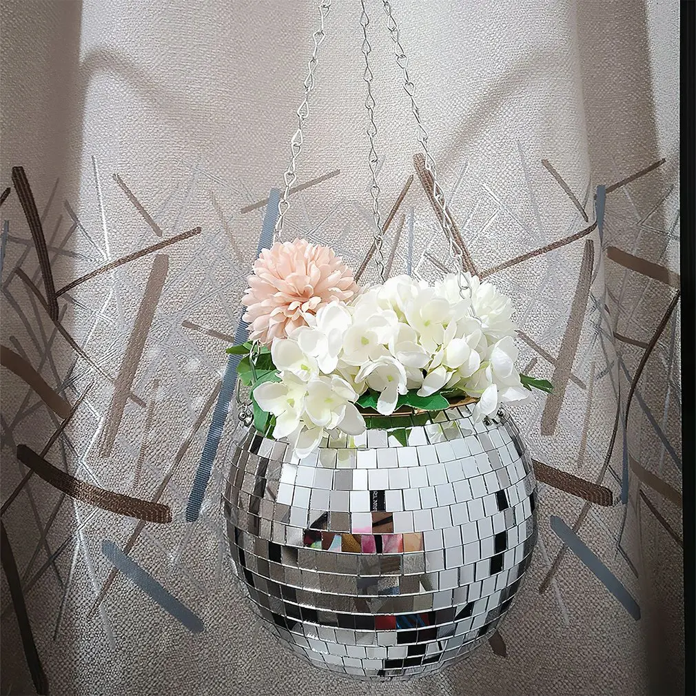 Disco Ball Hanging Flower Pot For Indoor Plants Bohemian Style Flower Planter Pots Rope Mirror Hanging Basket Garden Decor Vase