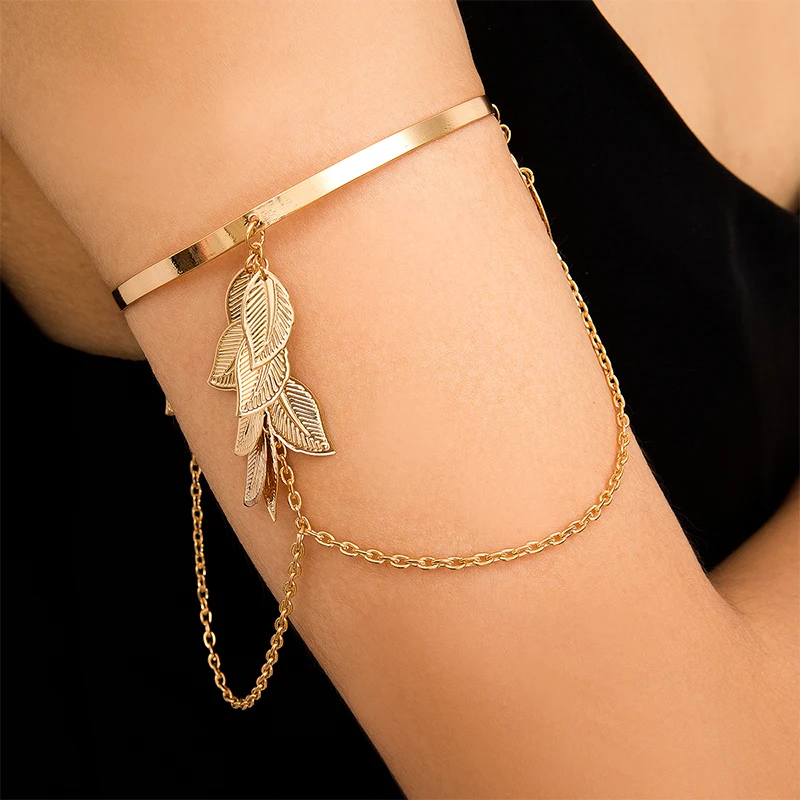 2021 Boho Gold Silver Color Leaves Upper Arm Bracelet for Women Fashion Retro Bracelet Bangle Jewelry Female Charms Bracelets image 2