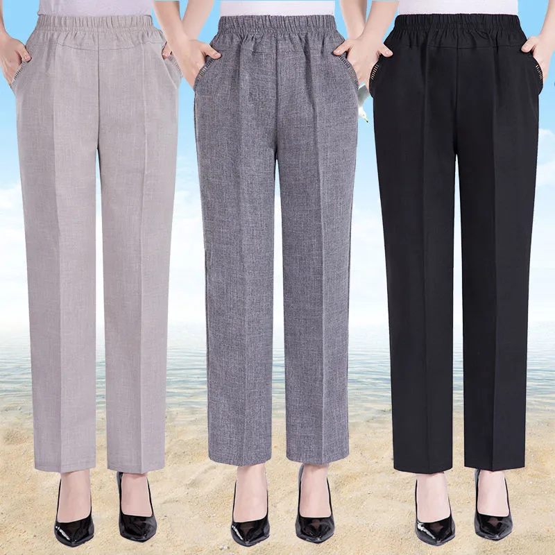 6XL Women's Trousers New Summer Elastic High Waist  Straight Pants Middle-aged Elderly Casual Cotton Linen Pants W2341