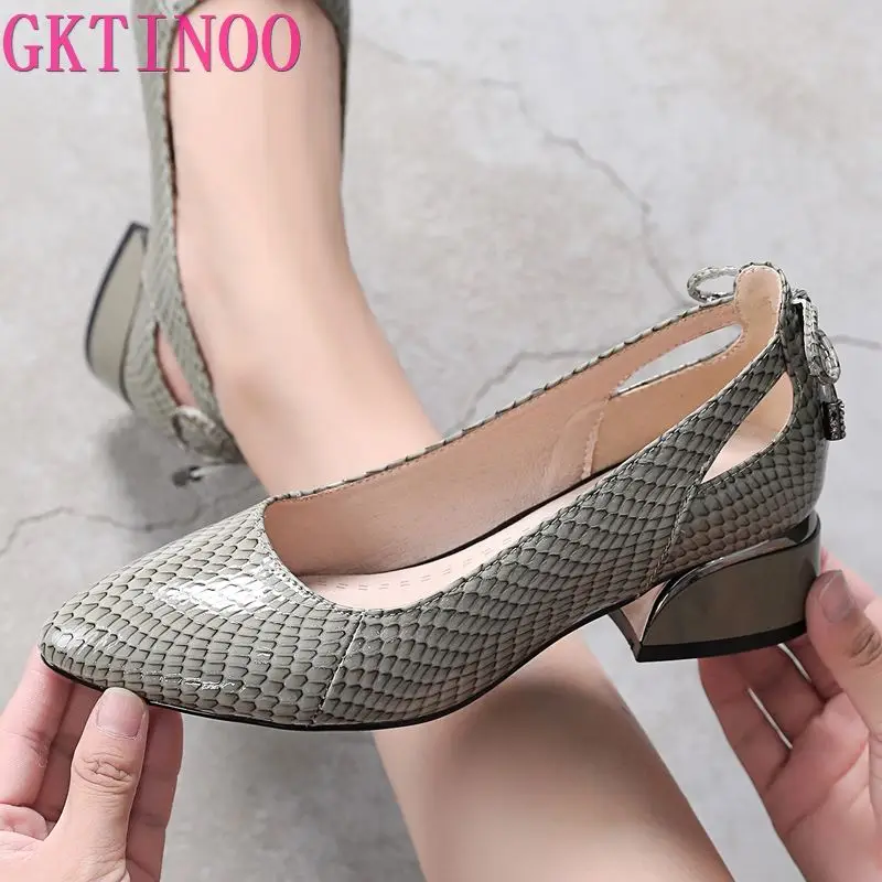 GKTINOO Women Pumps Concise Serpentine Genuine Leather Pointed Toe Shoes Thick Heel Spring Autumn Fashion Office Lady Shoes