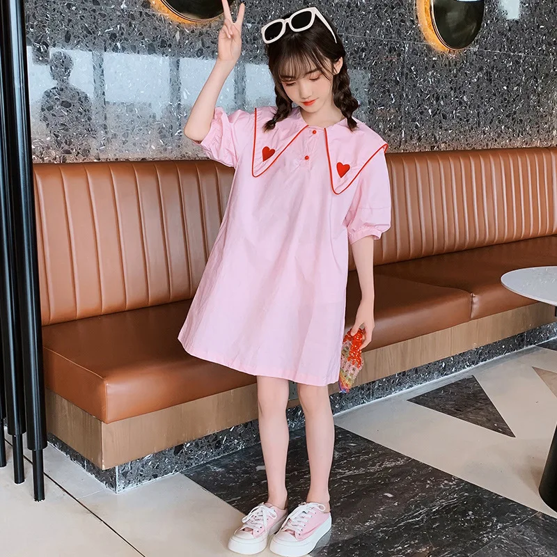 Girls Navy Style Dress Summer 2021 New Big Lapel Shirt Short Sleeve Dress Children Teenagers Princess Dress 4 5 7 9 11 13Y