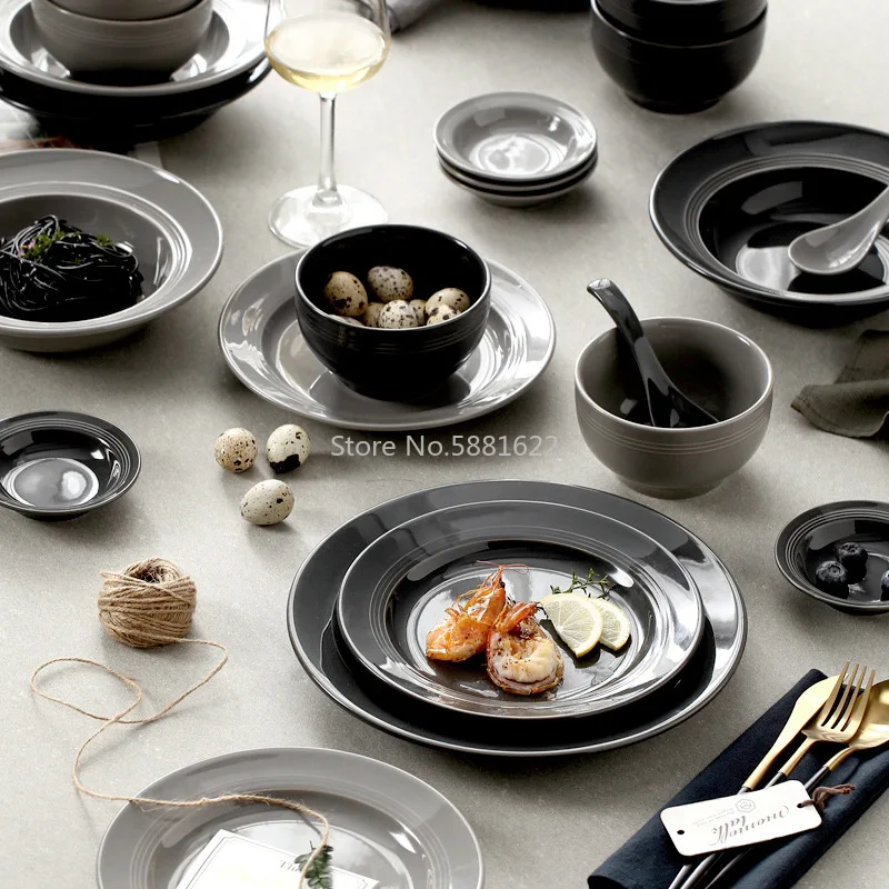 Nordic black and gray simple ceramic tableware set household rice bowl soup bowl plate plate set