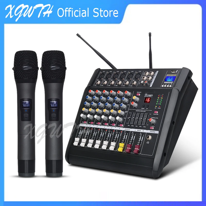 

6 Channel Amplifier Mixer with 2 Wireless Handheld Microphone Dynamic Cardioid Mic Bluetooth USB 16 DSP Effect Mixing Console