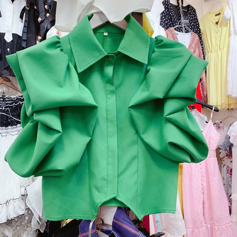 Women Shirts 2024 Three Quarter Ruffles Buttons Solid Chiffon Blouse Women  Solid ColorElegant Womens Tops And Blouses