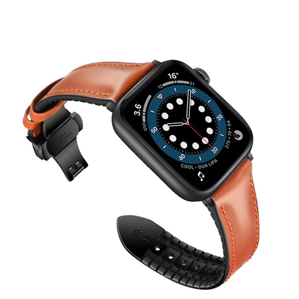 

High-End Sweatproof Durable Genuine Leather Rubber Band Strap for Apple Watch SE Series 9 8 7 6 5 4 3 2 Ultra 49mm