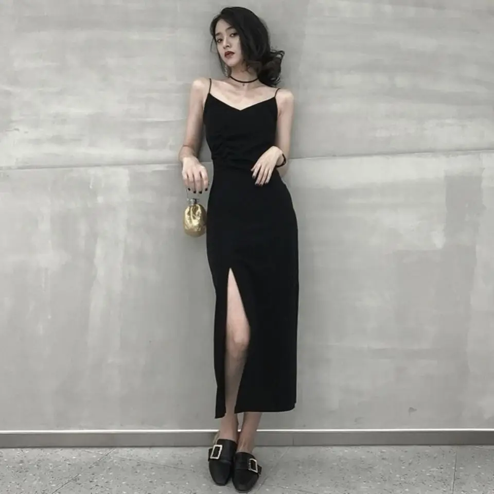 Sleeveless Dress Women Side-slit V-Neck Temperament Elegant Black Spaghetti-strap Sexy Female Vestidos French Retro Stylish New