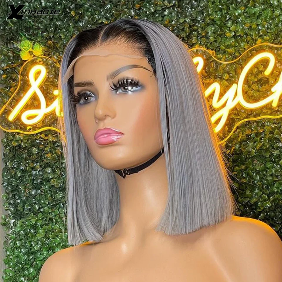 Ombre Grey Human Hair Wig Colored Short Bob Wigs For Black Women Transparent Lace Front Wig Glueless Brazilian Hair Wigs Remy