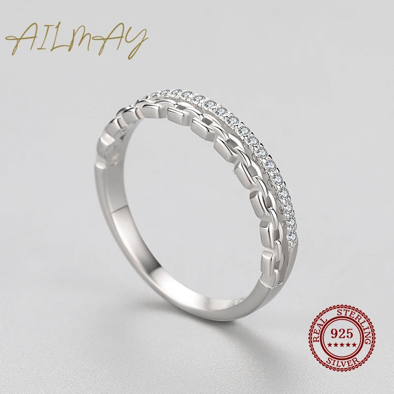 Ailmay Fashion 925 Sterling Silver Dazzling Zircon Chain Shape Stackable Finger Ring For Women Girls Party Accessories Jewelry