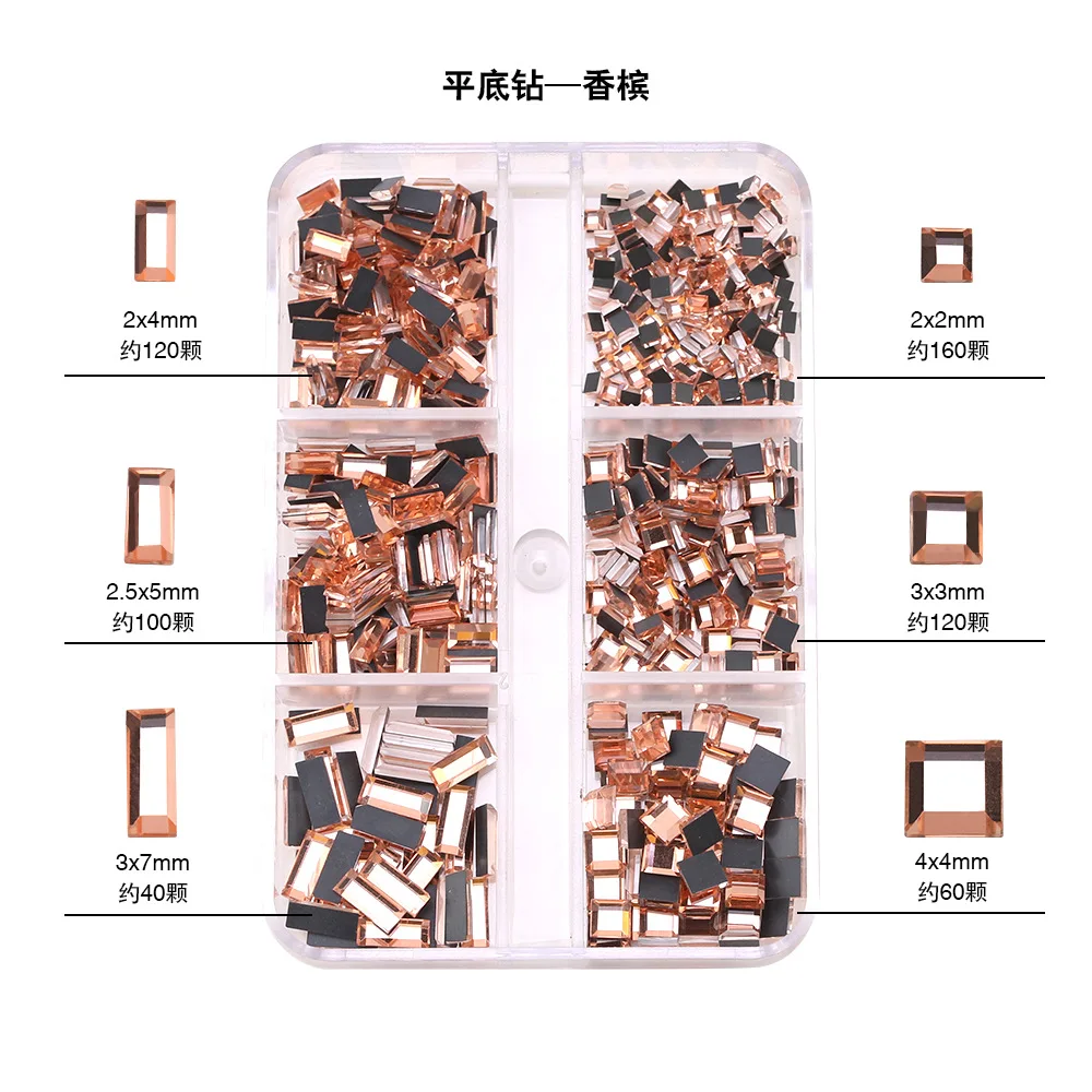 6 Grids Nail Mirror Rhinestones Square/rectangle Mixed-Sizes 3d Charms Mulri-Colors Nail Art Flatback Rhinestone Manicure Decor