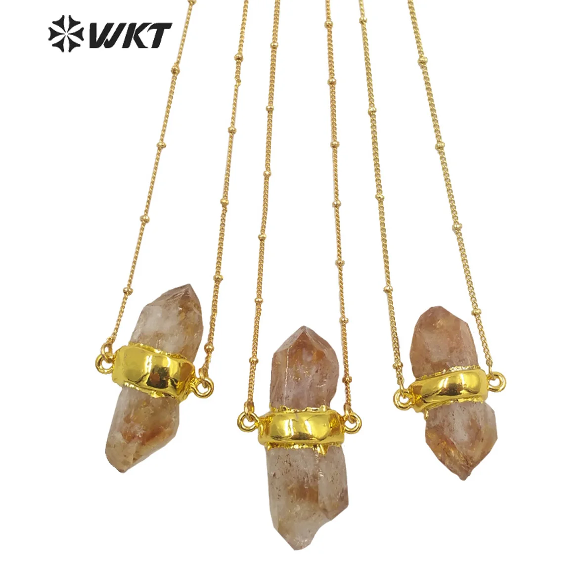 

WT-N1290 New Wholesale Double Loops Gold Yellow Quartz Stone Necklace Fashion Hot Double Point Fashion