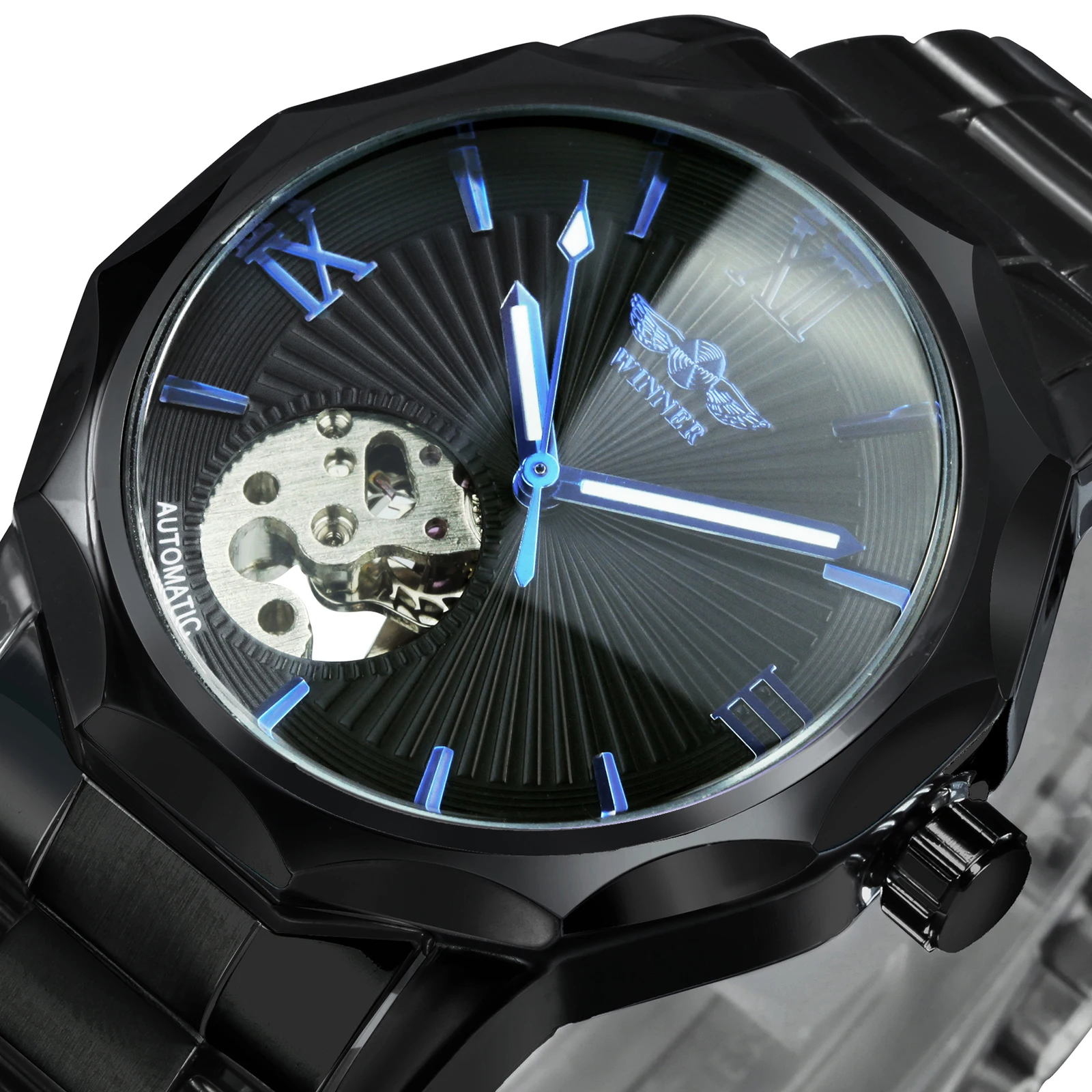 ПОБЕДИТЕЛЬ Официальные синие автоматические часы для мужчин Экзотический скелетонизированный циферблат Геометрия Механические модные мужские часы Лучший бренд Роскошный подарок