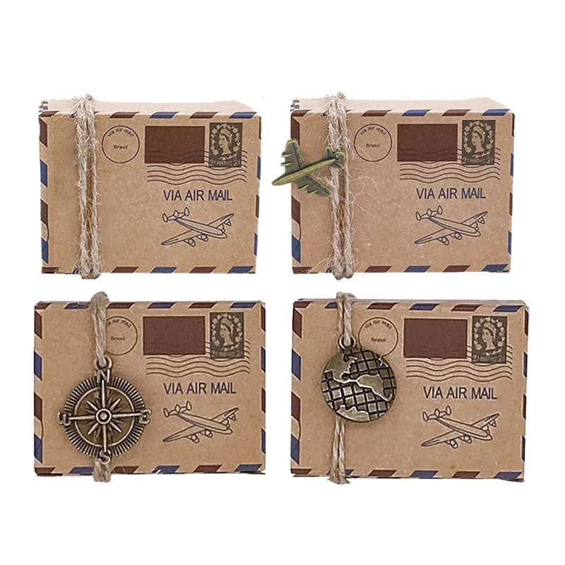 10 Pcs Wedding Vintage Candy Box Stamp Design Chocolate Packaging Kraft Paper Gift Packaging Christmas Favors Party Supplies