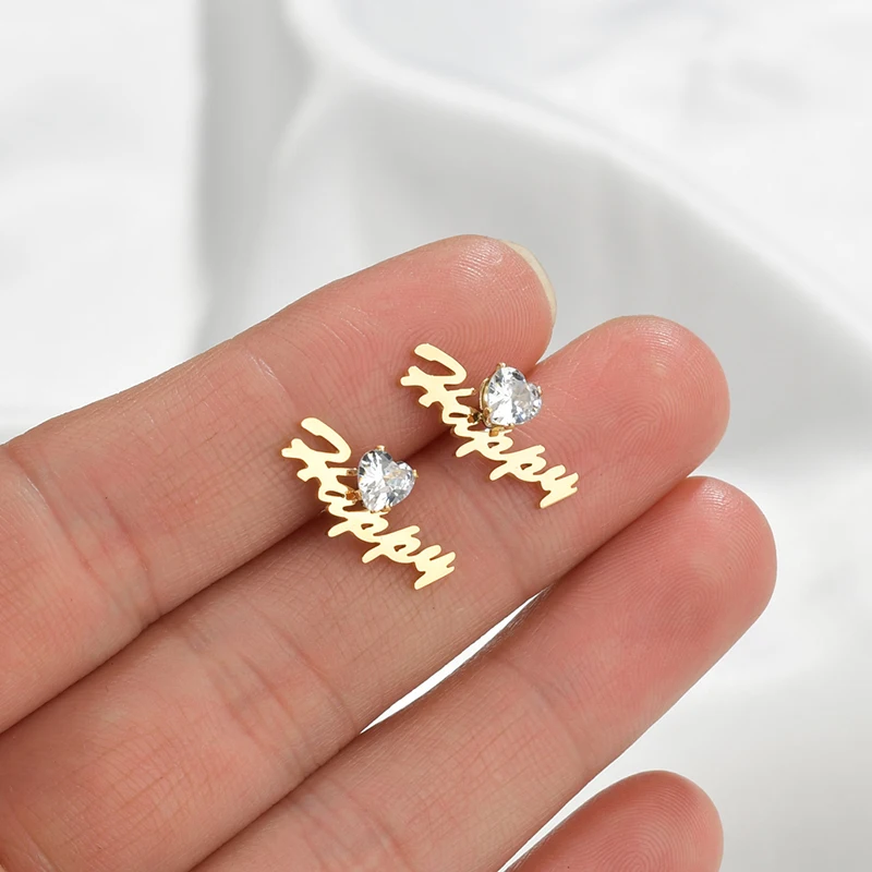 Customized Nameplate Heart Earring Personalized Stud Earrings With Stone Stud For Women Girl Trendy New Jewelry Birthday Gifts