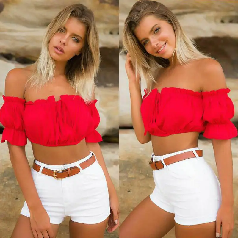 Summer 2019 Stylish Women Sexy Crop Tops Off Shoulder Solid Short Sleeve Crop Tops Bandeau Tops