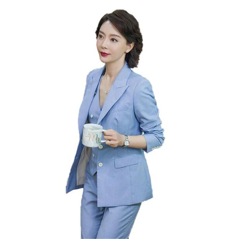 Women's Blue Pantsuits, Blazer Jacket, Trousers, Vest Suit Set, Lady OL, Autumn, 3 Pcs nuevo en conjuntos a juego