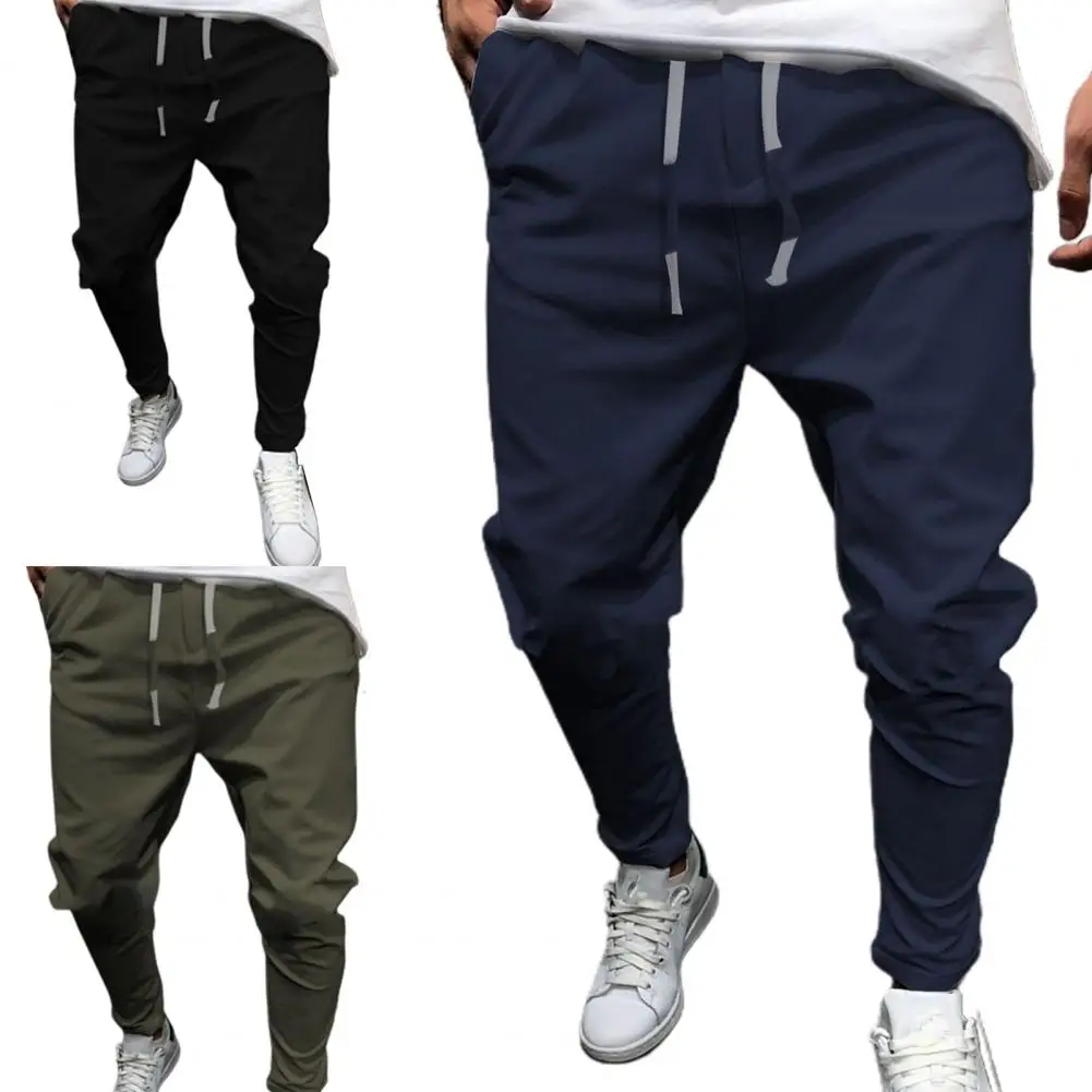 Men Pants with Drawstring Breathable Solid Color Cotton Linen Stretch Elastic Trousers for Daily Wear