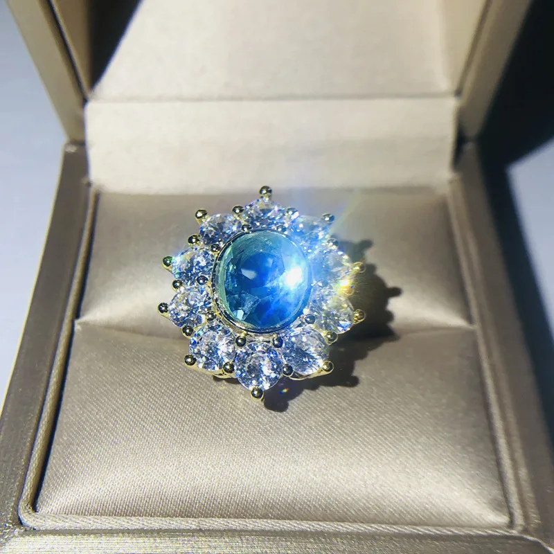 

2021 New Blue Zircon Luxury Crystal Women's Ring Fashion Jincai Wedding Christmas Present Party Sapphire Diamond Jewelry