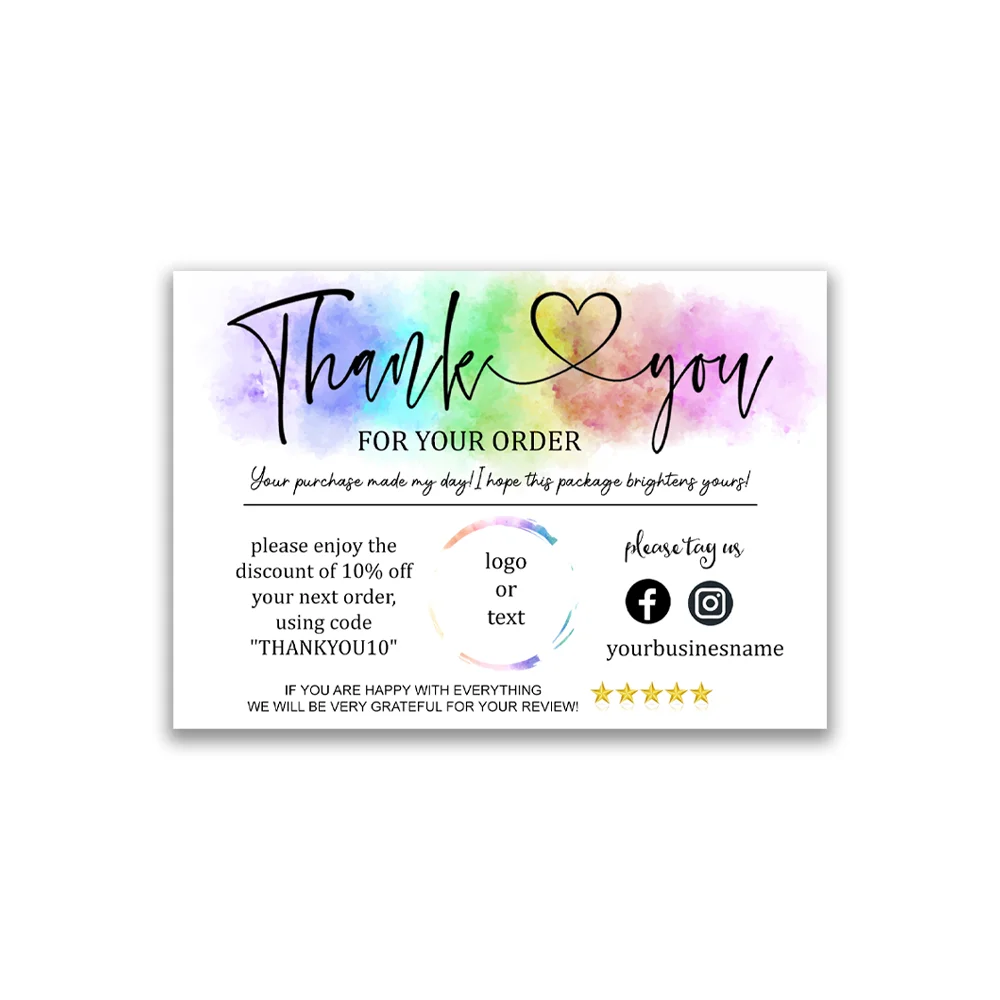 Insert Card for Business Insert, Personalized Rainbow, Thank You for Your Order, Splash of Color, Elegant