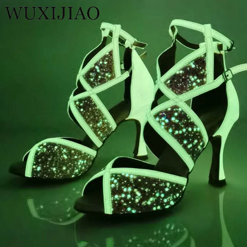 Latin dance shoes women\'s wide with blue pink green fluorescent PU flash cloth salsa dance performance ballroom dance shoes