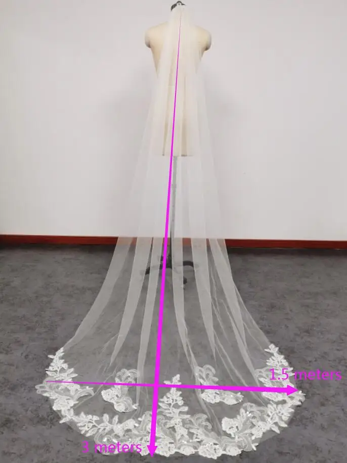 Elegante Bling Lantejoulas Lace Apliques Wedding Veil com Pente Uma Camada 3M de Comprimento 1.5M de Largura Véu de Noiva com Tule Macio Véu de Noiva