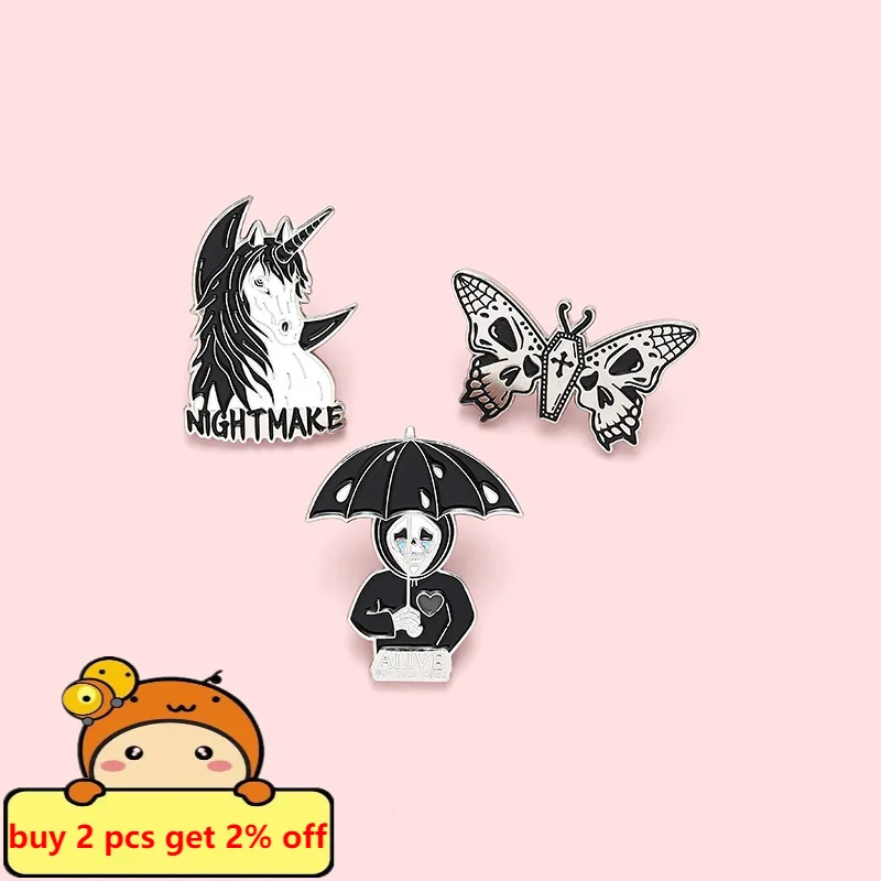 Nightmare Enamel Pins Custom Horse Umbrella Skeleton Butterfly Brooch Bag Clothes Lapel Pin Gothic Badge Jewelry Gift for Friend