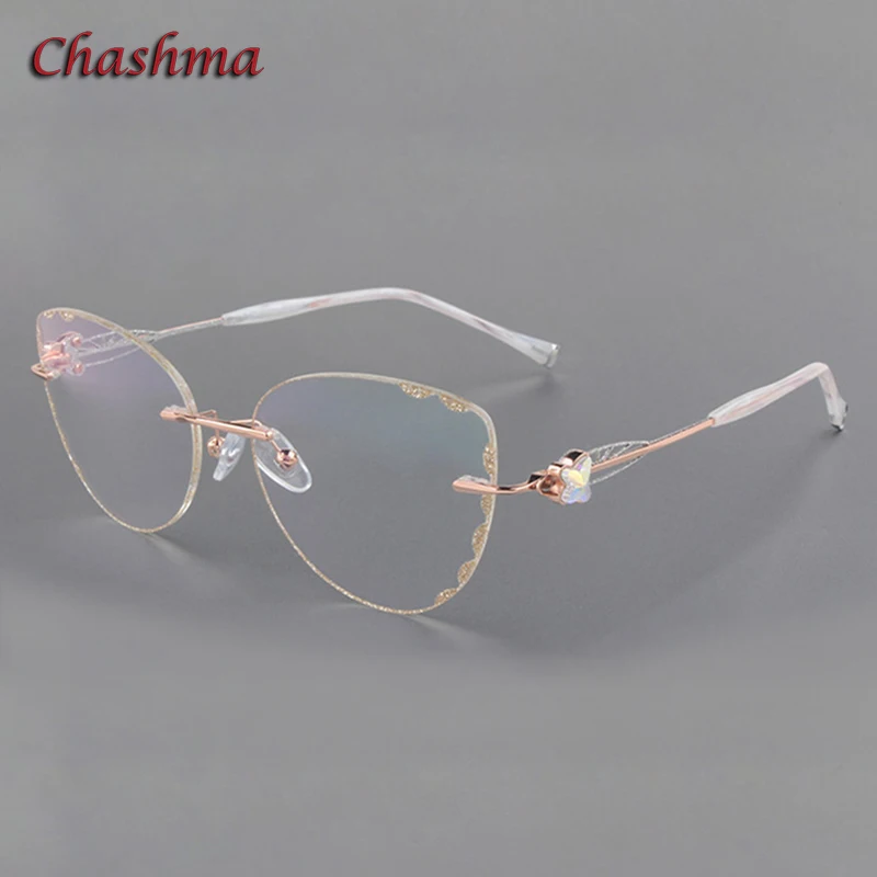 Chashma Cat Eye Titanium Prescrpiton Glasses Diamond Women Rimless Optical Frames Tint Colored Lenses