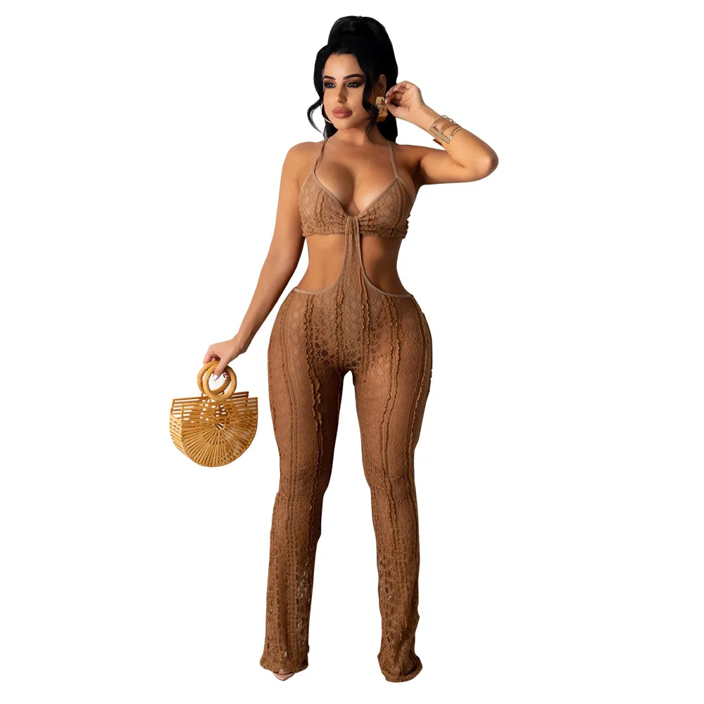 Sexy See Through Lace Jumpsuit Women Elegant V Neck Spaghetti Strap Cut Out Backless Slim Club Party Jumpsuit Overalls for Women