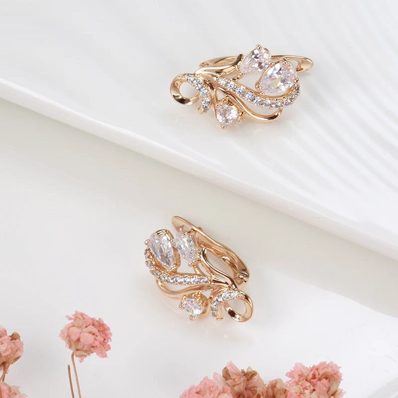 Kinel Luxury 585 Rose Gold Crystal Flower Earrings Ring Sets for Women Natural Zircon Bridal Wedding Vintage Jewelry Sets