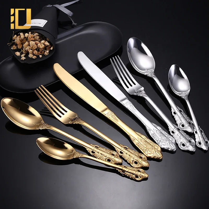 4pcs/set Baroque Style Royal Cutlery Set Gold Luxury Dinnerware Stainless Steel Knife Fork Spoon Tableware For Dishwasher Safe