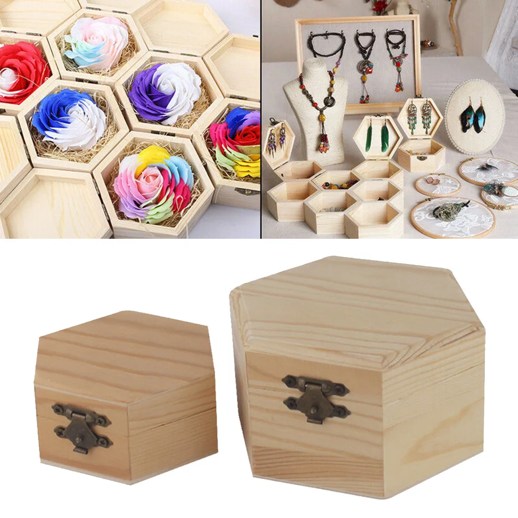 ​1pc Hexagon Wooden Box Storage Boxes Hexagonal For Decoration DIY Toys Christmas Crafts Gifts Earrings Jewelry Storages Rings