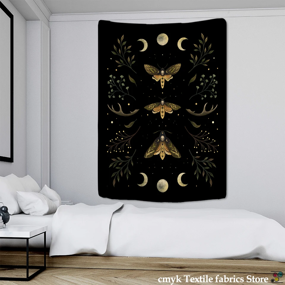 Vintage Moon Phase Tapestry Wall Hanging Moonlight Green Olive Leaf Bohemian Style Hippie Dormitory Home Decor
