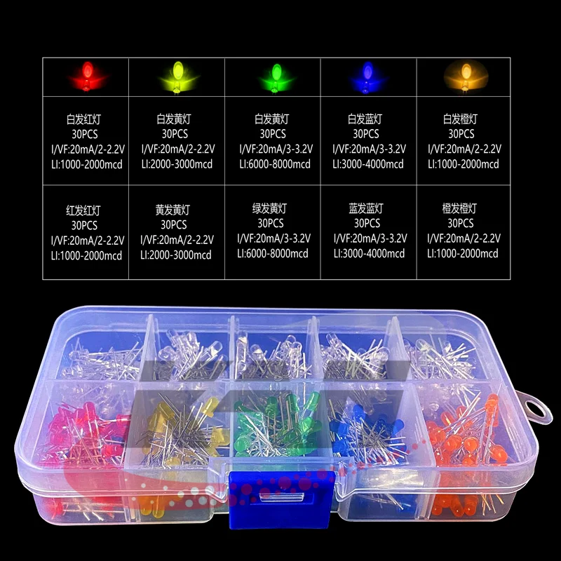 300Pcs/box 10 Value Five Colors 3MM Round Bright Light LED Assortment Kit