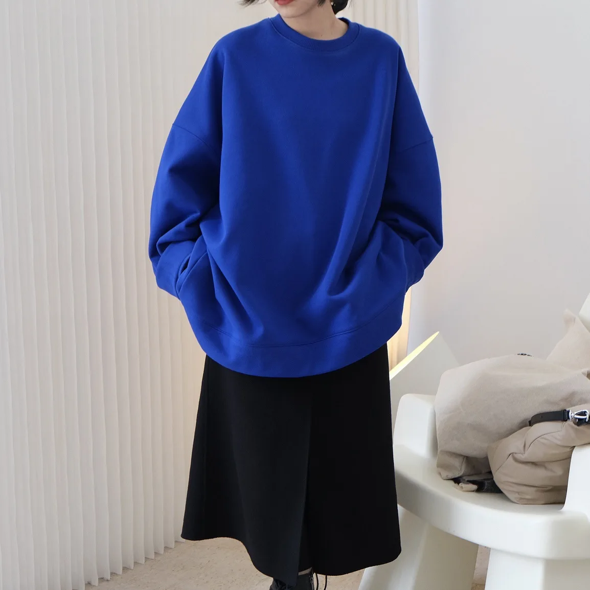 Female new autumn and winter Korean style oversize design plus fleece top pullover loose silhouette casual sweatshirt