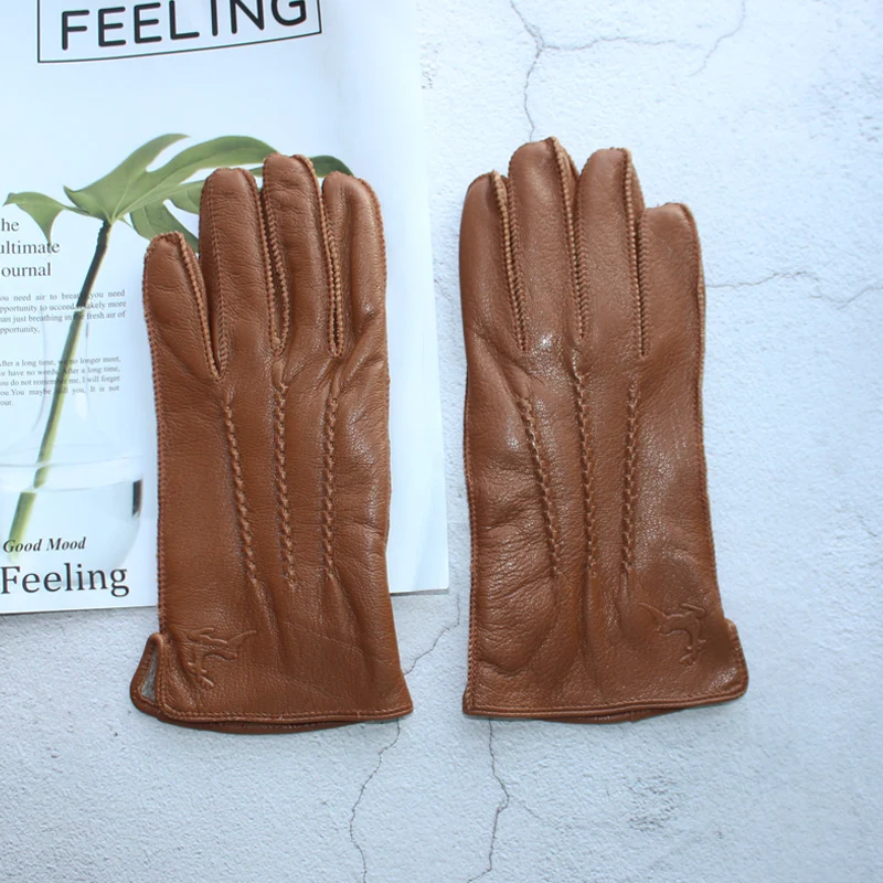 Männer hirschleder handschuhe leder gestreiften wolle stricken futter frühling und herbst fashion-snap taste warme samt futter handschuhe winter